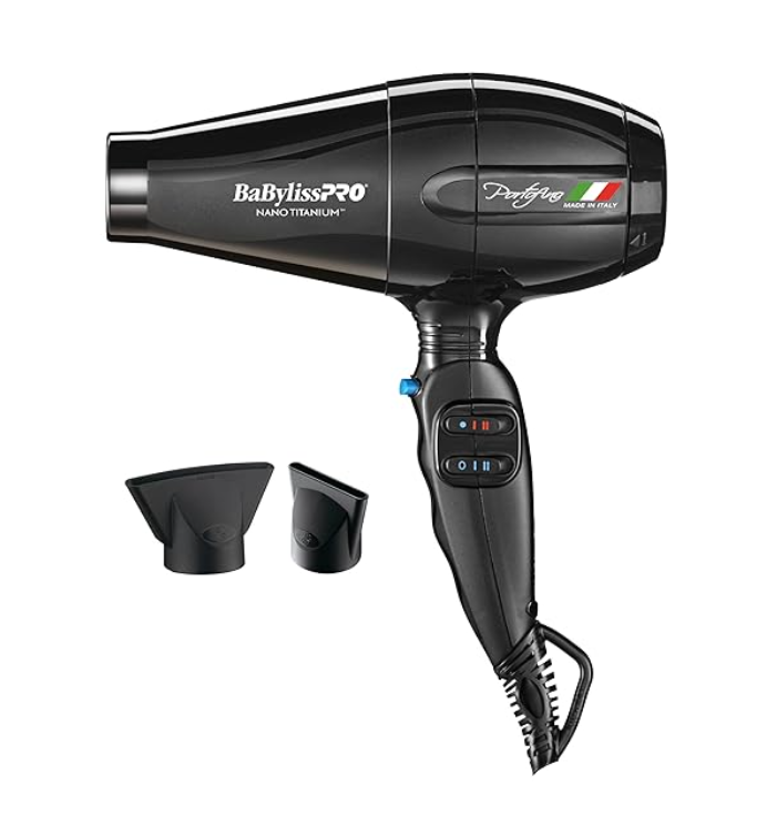 BaBylissPRO Nano Titanium Italian Portofino Hair Dryer with sleek blue design, ergonomic handle, and professional-grade nozzle attachment.