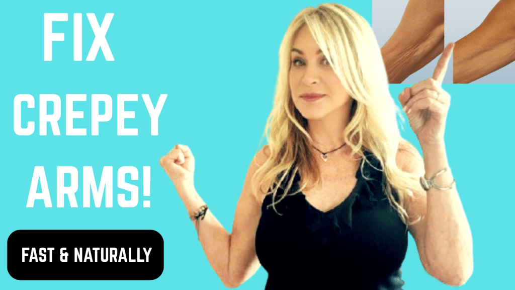 Woman in her 60s smiling confidently in sleeveless top, showing toned arms—symbolizing real results from at-home routine to reduce crepey arm skin after 50.